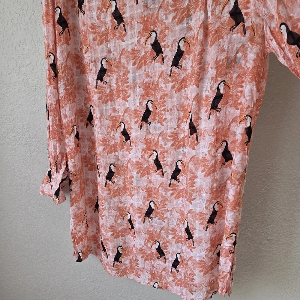 Jane Delancey Tunic Shirt Dress Size M Orange Tropical Tucans Bird Print Resort - Picture 10 of 16